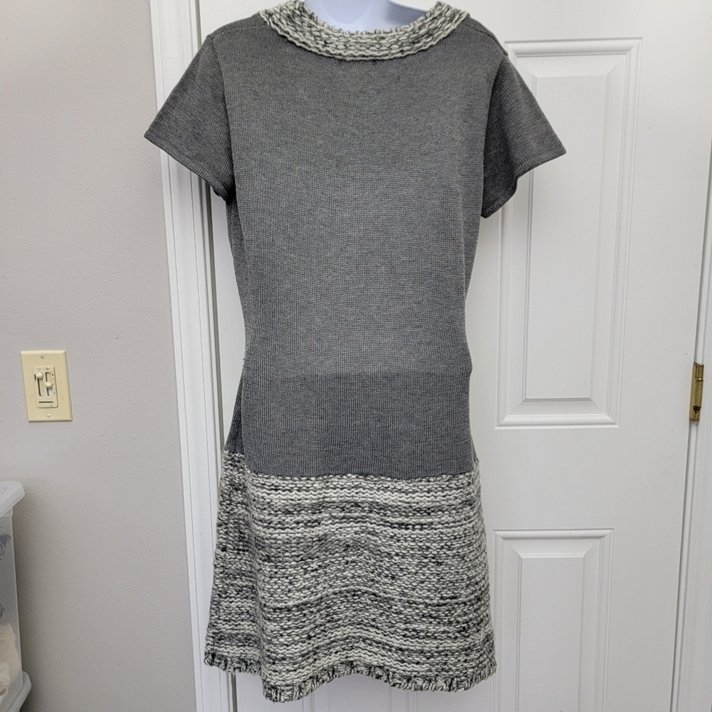 Freeway Gray Cap Sleeve Drop Waist Knit Sweater Dress Cable Knit Trim Large - Picture 5 of 11